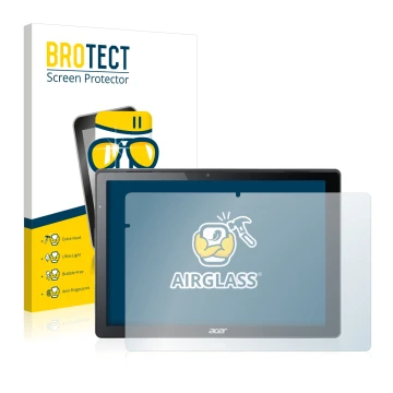 Parte frontal de un envase de producto con el logotipo de la marca BROTECT. Al lado se muestra el dispositivo Acer Switch Alph