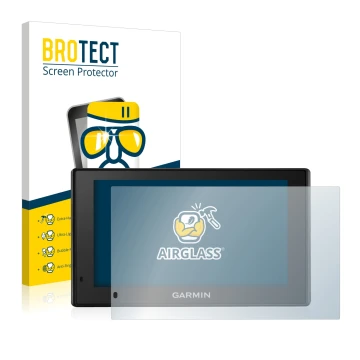 Parte frontal de un envase de producto con el logotipo de la marca BROTECT. Al lado se muestra el dispositivo Garmin DriveSmar