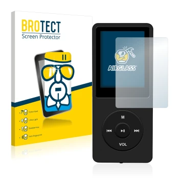 Parte frontal de un envase de producto con el logotipo de la marca BROTECT. Al lado se muestra el dispositivo AGPtek 8GB MP3-P