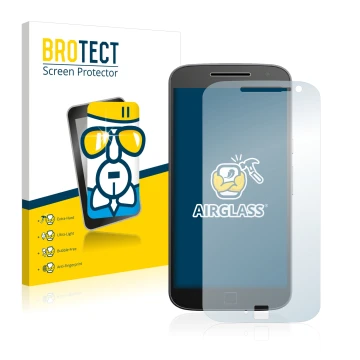 Parte frontal de un envase de producto con el logotipo de la marca BROTECT. Al lado se muestra el dispositivo Motorola Moto G4