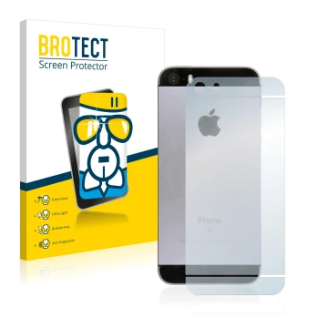 Parte frontal de un envase de producto con el logotipo de la marca BROTECT. Al lado se muestra el dispositivo Apple iPhone SE 