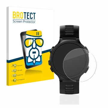 Parte frontal de un envase de producto con el logotipo de la marca BROTECT. Al lado se muestra el dispositivo Garmin Forerunne