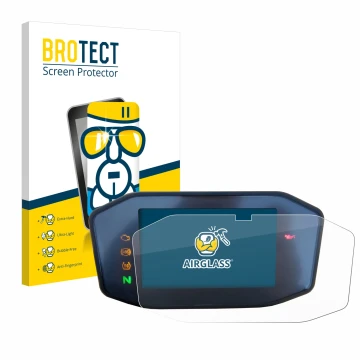 Parte frontal de un envase de producto con el logotipo de la marca BROTECT. Al lado se muestra el dispositivo KTM 690 Duke 201