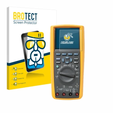 Parte frontal de un envase de producto con el logotipo de la marca BROTECT. Al lado se muestra el dispositivo Fluke MultiMeter