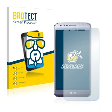 Parte frontal de un envase de producto con el logotipo de la marca BROTECT. Al lado se muestra el dispositivo LG X Mach con su