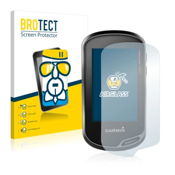 Parte frontal de un envase de producto con el logotipo de la marca BROTECT. Al lado se muestra el dispositivo Garmin Oregon 75