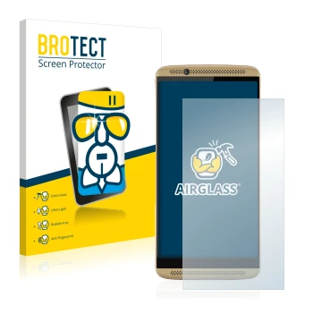 Parte frontal de un envase de producto con el logotipo de la marca BROTECT. Al lado se muestra el dispositivo ZTE Axon 7 con s
