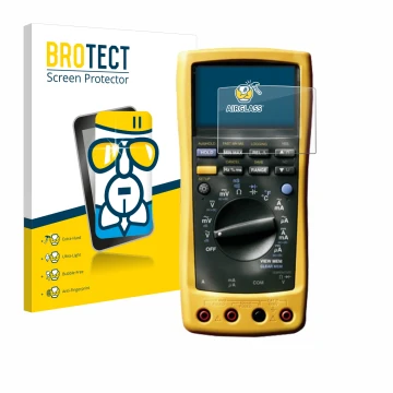 Parte frontal de un envase de producto con el logotipo de la marca BROTECT. Al lado se muestra el dispositivo Fluke MultiMeter