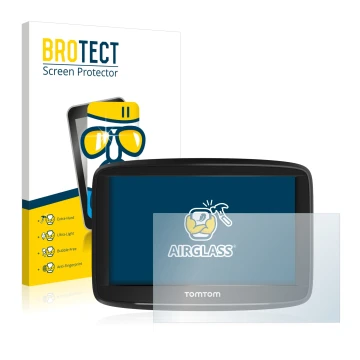 Parte frontal de un envase de producto con el logotipo de la marca BROTECT. Al lado se muestra el dispositivo TomTom Start 52 