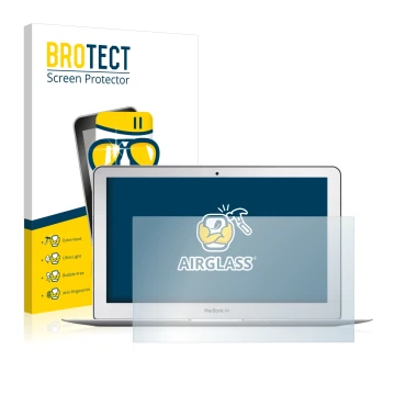 Parte frontal de un envase de producto con el logotipo de la marca BROTECT. Al lado se muestra el dispositivo Apple MacBook Ai