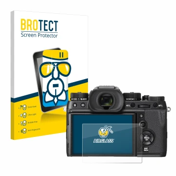 Parte frontal de un envase de producto con el logotipo de la marca BROTECT. Al lado se muestra el dispositivo Fujifilm X-T2 co