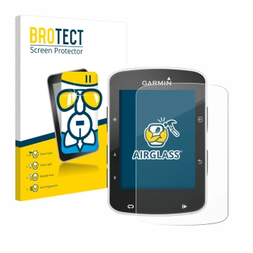 Parte frontal de un envase de producto con el logotipo de la marca BROTECT. Al lado se muestra el dispositivo Garmin Edge 820 