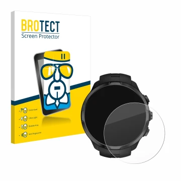 Parte frontal de un envase de producto con el logotipo de la marca BROTECT. Al lado se muestra el dispositivo Suunto Spartan S