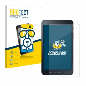 Parte frontal de un envase de producto con el logotipo de la marca BROTECT. Al lado se muestra el dispositivo Samsung Galaxy T