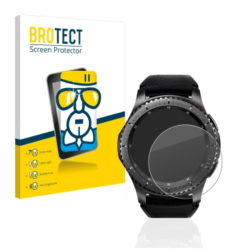 Parte frontal de un envase de producto con el logotipo de la marca BROTECT. Al lado se muestra el dispositivo Samsung Gear S3 