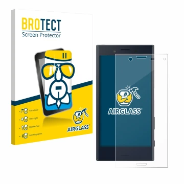 Parte frontal de un envase de producto con el logotipo de la marca BROTECT. Al lado se muestra el dispositivo Sony Xperia X Co