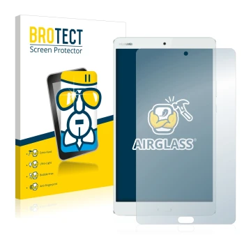 Parte frontal de un envase de producto con el logotipo de la marca BROTECT. Al lado se muestra el dispositivo Huawei MediaPad 