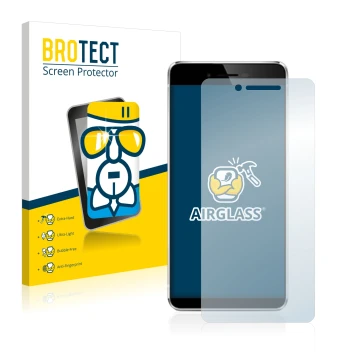 Parte frontal de un envase de producto con el logotipo de la marca BROTECT. Al lado se muestra el dispositivo Vernee Mars con 