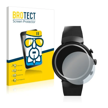 Parte frontal de un envase de producto con el logotipo de la marca BROTECT. Al lado se muestra el dispositivo ASUS ZenWatch 3 