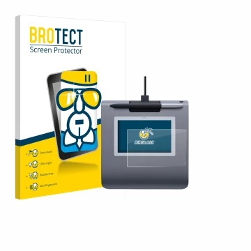 Parte frontal de un envase de producto con el logotipo de la marca BROTECT. Al lado se muestra el dispositivo Wacom STU-430 co