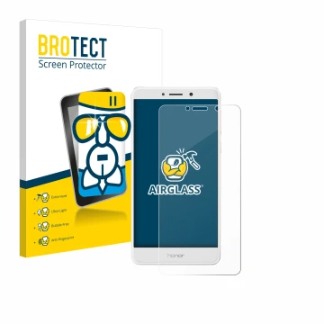 Parte frontal de un envase de producto con el logotipo de la marca BROTECT. Al lado se muestra el dispositivo Honor 6X con su 