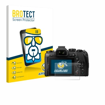 Parte frontal de un envase de producto con el logotipo de la marca BROTECT. Al lado se muestra el dispositivo Olympus OM-D E-M