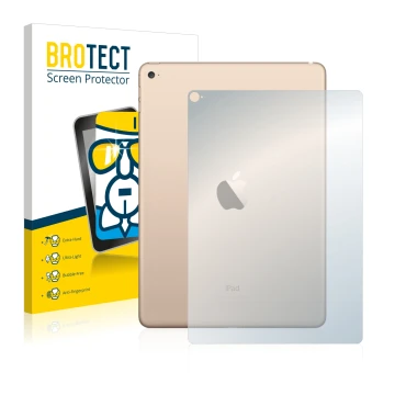 Parte frontal de un envase de producto con el logotipo de la marca BROTECT. Al lado se muestra el dispositivo Apple iPad Air 2