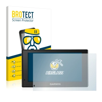 Parte frontal de un envase de producto con el logotipo de la marca BROTECT. Al lado se muestra el dispositivo Garmin DriveTrac