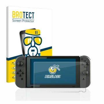 Parte frontal de un envase de producto con el logotipo de la marca BROTECT. Al lado se muestra el dispositivo Nintendo Switch 