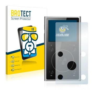 Parte frontal de un envase de producto con el logotipo de la marca BROTECT. Al lado se muestra el dispositivo FiiO X1 II con s