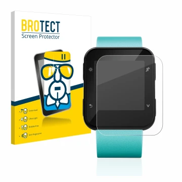 Parte frontal de un envase de producto con el logotipo de la marca BROTECT. Al lado se muestra el dispositivo Garmin Forerunne