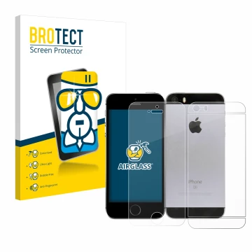 Parte frontal de un envase de producto con el logotipo de la marca BROTECT. Al lado se muestra el dispositivo Apple iPhone SE 