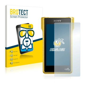 Parte frontal de un envase de producto con el logotipo de la marca BROTECT. Al lado se muestra el dispositivo Sony Walkman NW-