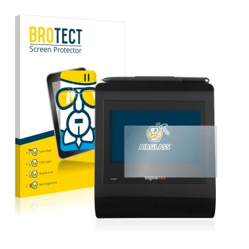 Parte frontal de un envase de producto con el logotipo de la marca BROTECT. Al lado se muestra el dispositivo Signotec Signatu