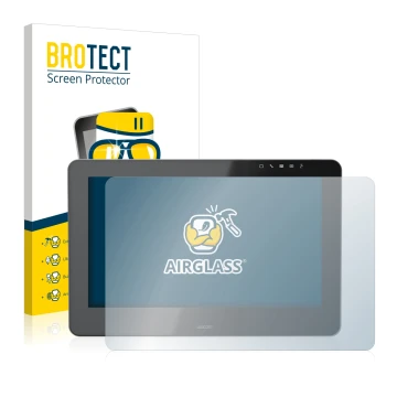 Parte frontal de un envase de producto con el logotipo de la marca BROTECT. Al lado se muestra el dispositivo Wacom Cintiq Pro