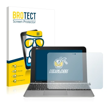 Parte frontal de un envase de producto con el logotipo de la marca BROTECT. Al lado se muestra el dispositivo ASUS Transformer