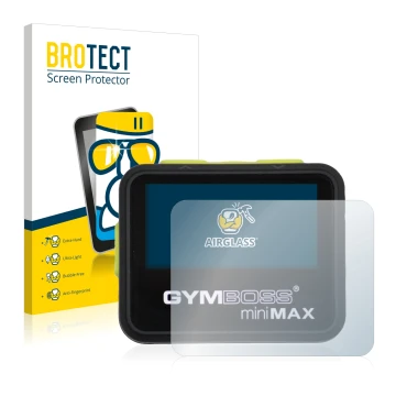 Parte frontal de un envase de producto con el logotipo de la marca BROTECT. Al lado se muestra el dispositivo Gymboss Minimax 