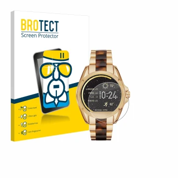 Parte frontal de un envase de producto con el logotipo de la marca BROTECT. Al lado se muestra el dispositivo Michael Kors Acc