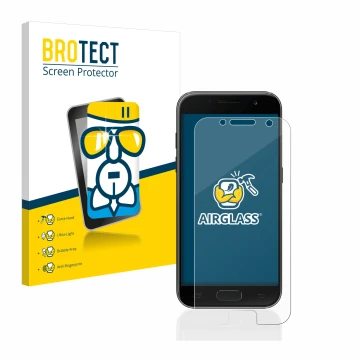 Parte frontal de un envase de producto con el logotipo de la marca BROTECT. Al lado se muestra el dispositivo Samsung Galaxy A
