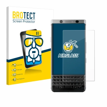 Parte frontal de un envase de producto con el logotipo de la marca BROTECT. Al lado se muestra el dispositivo BlackBerry Keyon