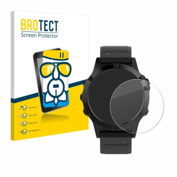 Parte frontal de un envase de producto con el logotipo de la marca BROTECT. Al lado se muestra el dispositivo Garmin Fenix 5 (