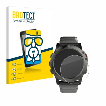 Parte frontal de un envase de producto con el logotipo de la marca BROTECT. Al lado se muestra el dispositivo Garmin Fenix 5X 