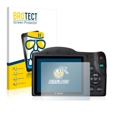 Parte frontal de un envase de producto con el logotipo de la marca BROTECT. Al lado se muestra el dispositivo Canon PowerShot 