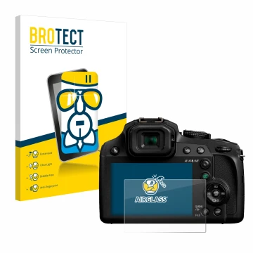 Parte frontal de un envase de producto con el logotipo de la marca BROTECT. Al lado se muestra el dispositivo Panasonic Lumix 