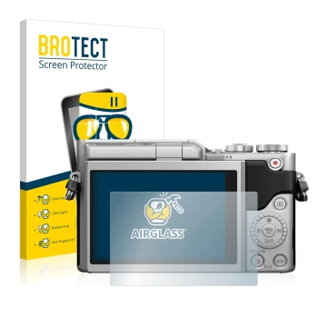 Parte frontal de un envase de producto con el logotipo de la marca BROTECT. Al lado se muestra el dispositivo Panasonic Lumix 
