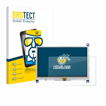 Parte frontal de un envase de producto con el logotipo de la marca BROTECT. Al lado se muestra el dispositivo Raspberry Pi Tou