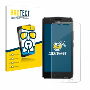 Parte frontal de un envase de producto con el logotipo de la marca BROTECT. Al lado se muestra el dispositivo Motorola Moto G5