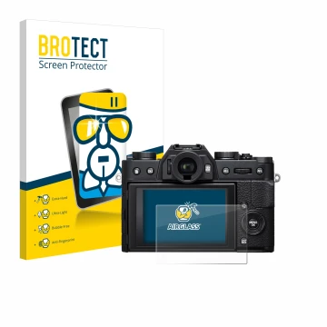 Parte frontal de un envase de producto con el logotipo de la marca BROTECT. Al lado se muestra el dispositivo Fujifilm X-T20 c