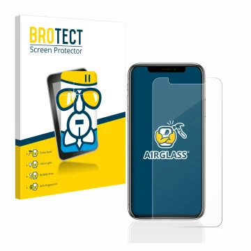 Parte frontal de un envase de producto con el logotipo de la marca BROTECT. Al lado se muestra el dispositivo Apple iPhone X c