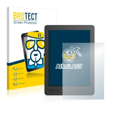 Parte frontal de un envase de producto con el logotipo de la marca BROTECT. Al lado se muestra el dispositivo Kobo Aura Editio